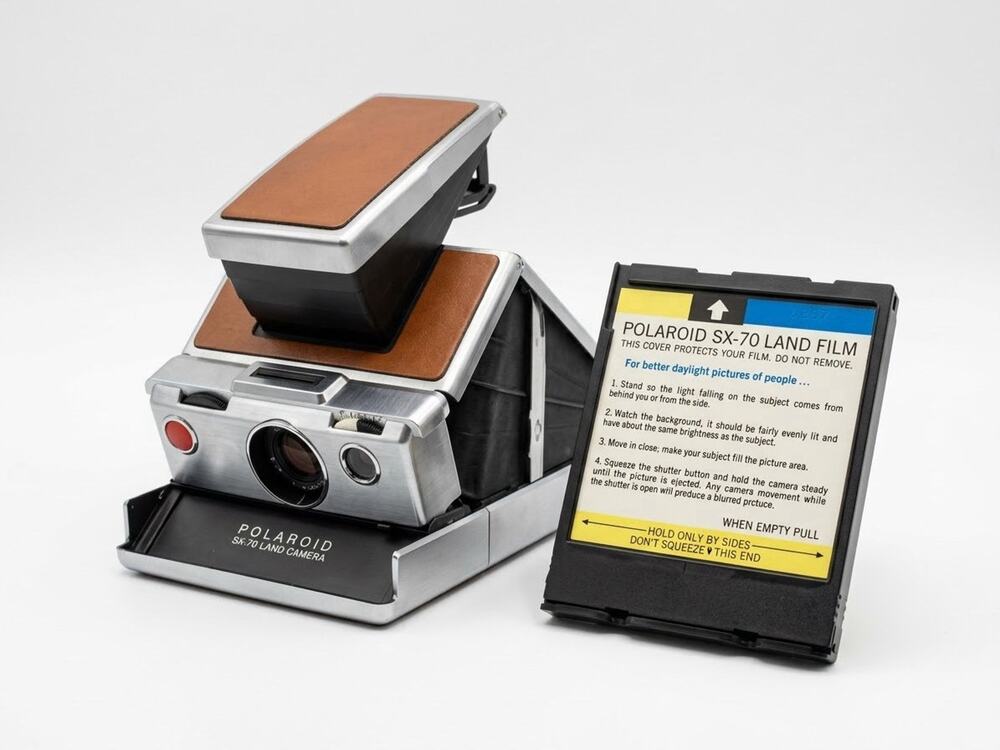 Vtg Polaroid SX-70 Original Folding Land Camera SLR Chrome Leather Clean Rollers